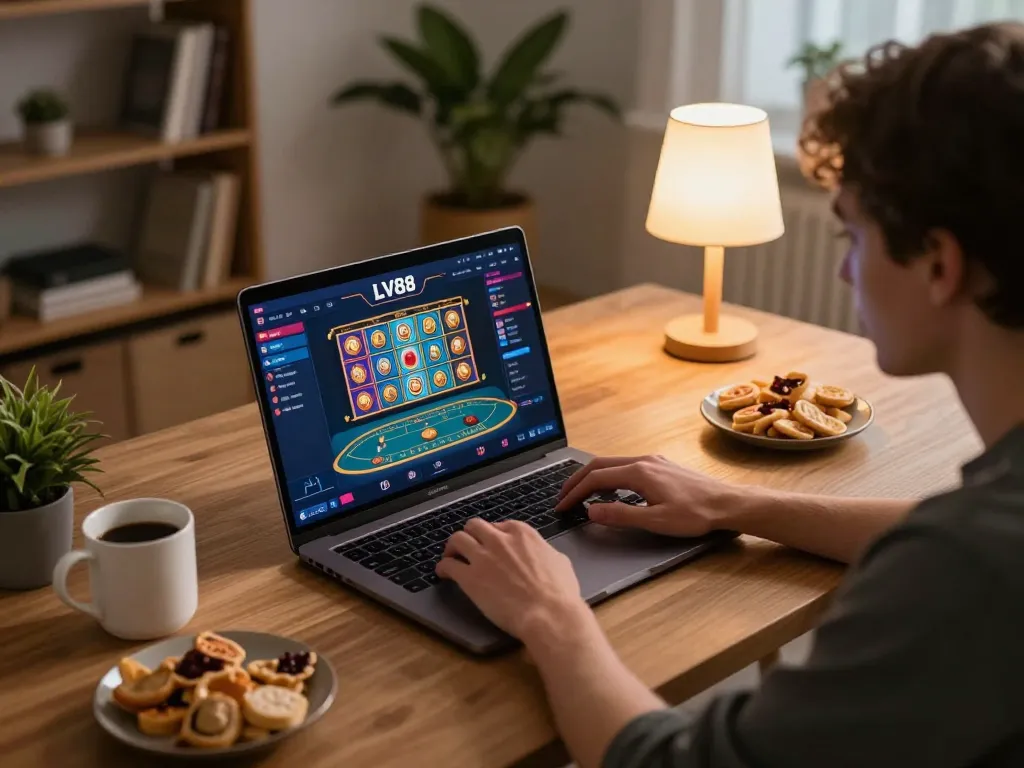 Playing slots and poker at LV88 com on a laptop in a cozy home setting