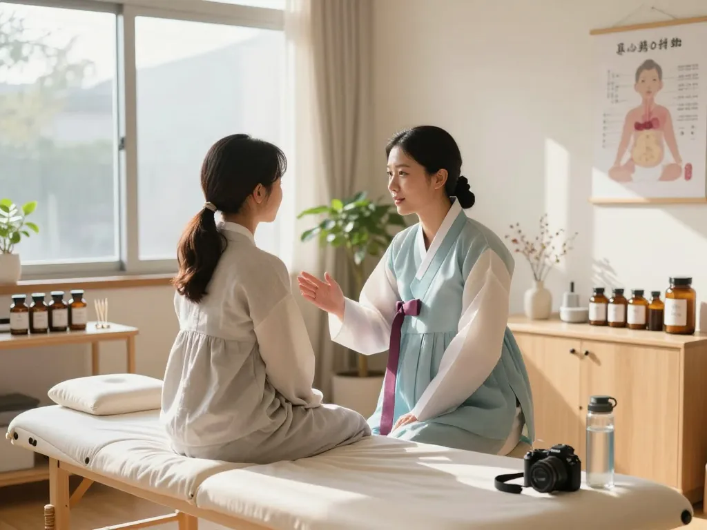 Healing consultation at 수원한의원, showcasing Korean traditional medicine practices and serene therapy room.