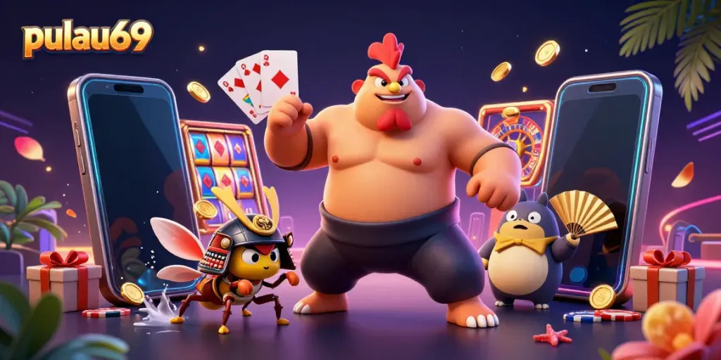 Experience dynamic gameplay with pulau69 in a vibrant 3D casino scene featuring exciting game elements.