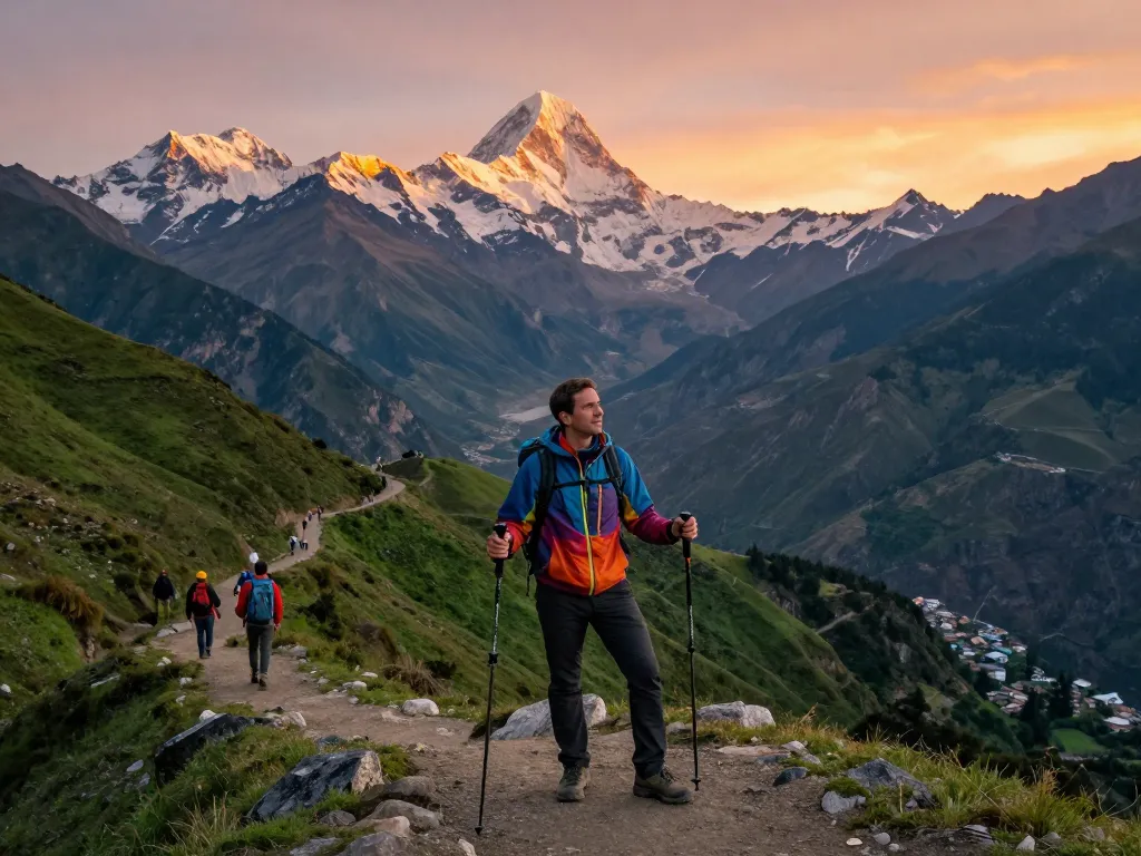 Trek to Annapurna Circuit showcasing a traveler amazed by the majestic mountain views during sunset