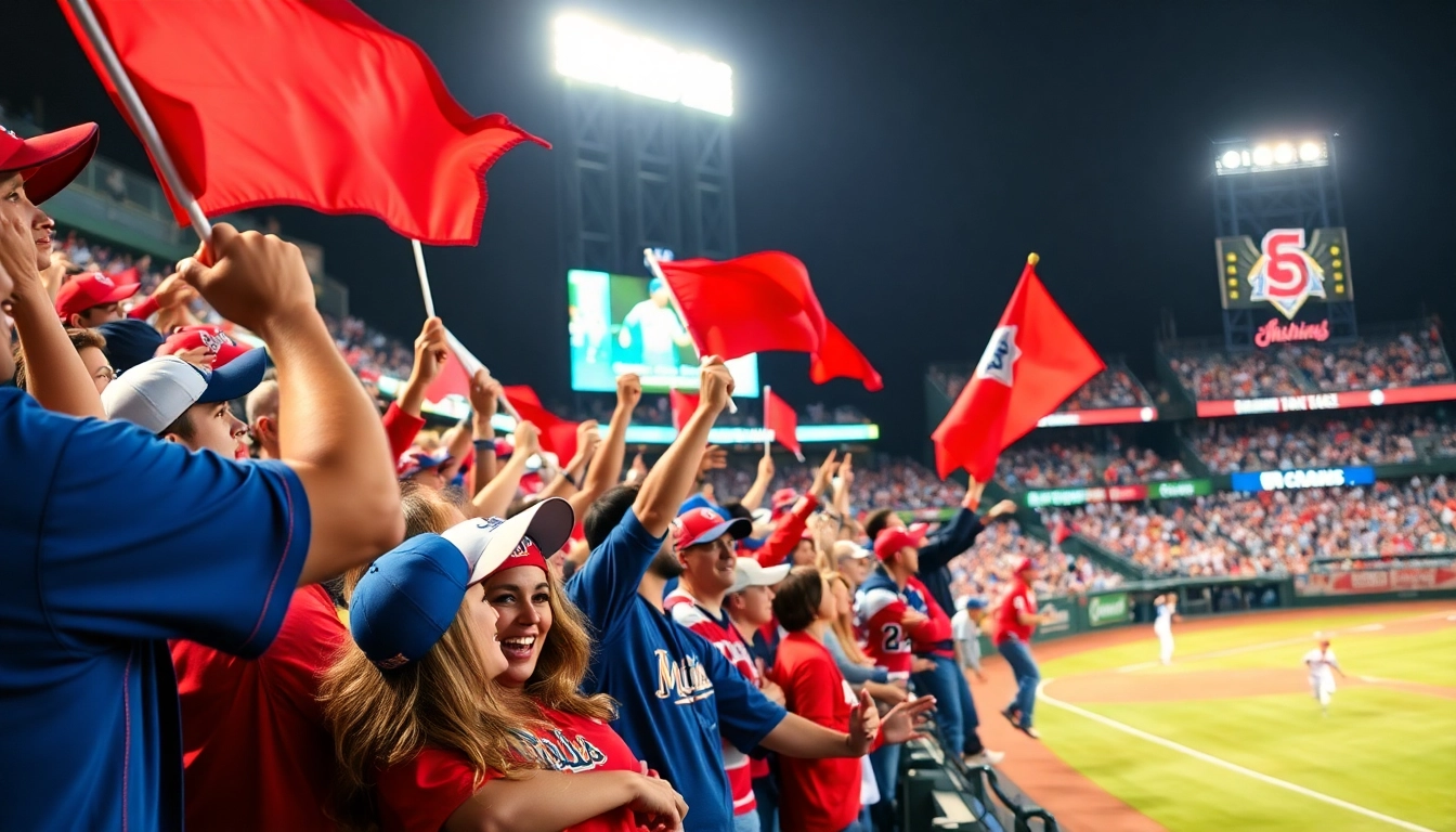 mlb중계를 즐기는 열광적인 팬들이 야구 경기장에서 응원하는 모습입니다.
