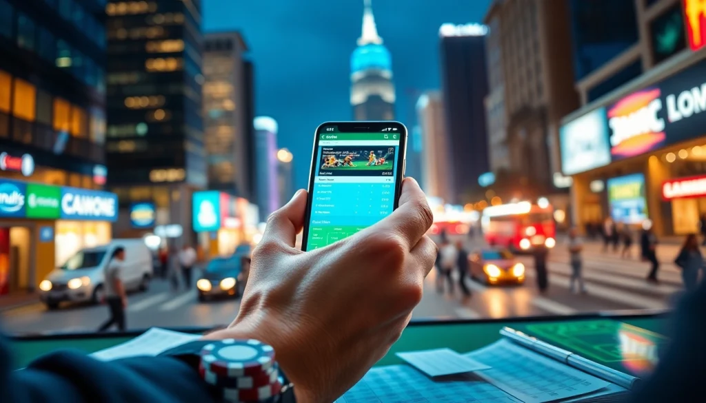 Engaged user experiencing online sportsbooks India on mobile devices in a vibrant city setting