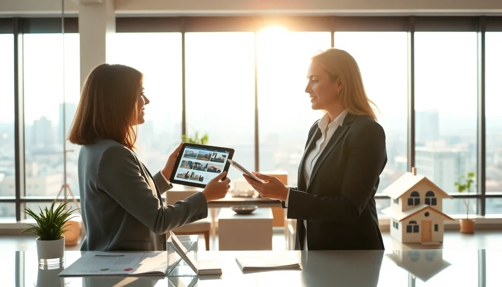 Real Estate professional consulting with clients in a modern office environment, showcasing property listings.