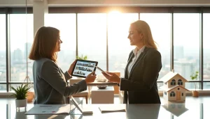 Real Estate professional consulting with clients in a modern office environment, showcasing property listings.