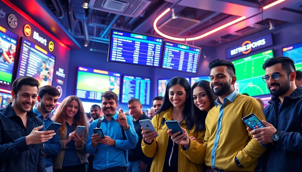 Engaged bettors using mobile devices at online sportsbooks India in a vibrant betting lounge.