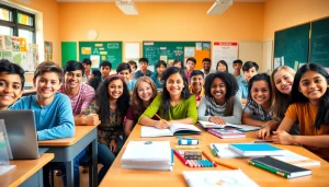 Students collaborating in a colorful classroom setting, focusing on Education activities.