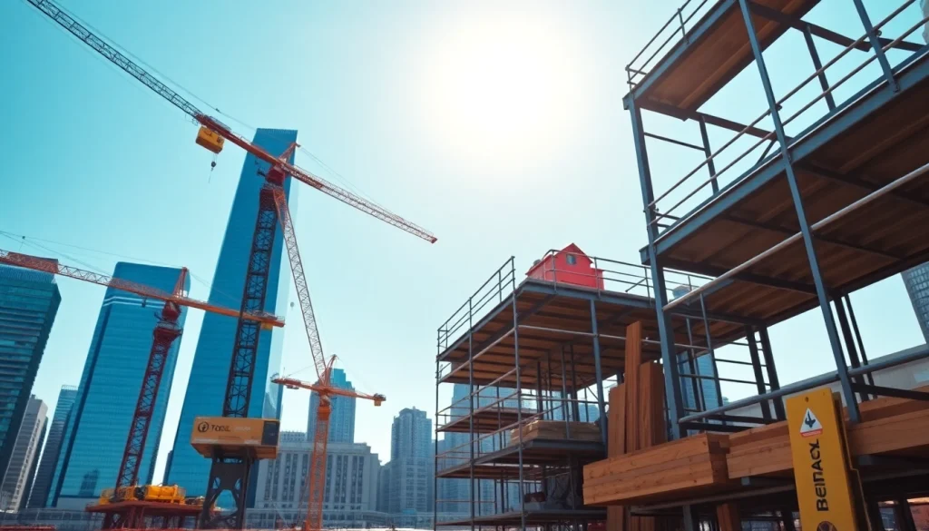 New York Commercial General Contractor actively working on a dynamic urban construction site, showcasing modern techniques.