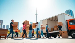 Efficient movers loading boxes as the best Toronto Movers in an energetic city setting.