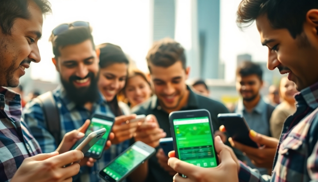 Engaging scene showcasing online sportsbooks India on mobile devices in a vibrant urban environment.