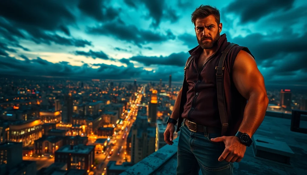 Experience a thrilling moment with a protagonist better than Reacher in a dramatic city skyline.