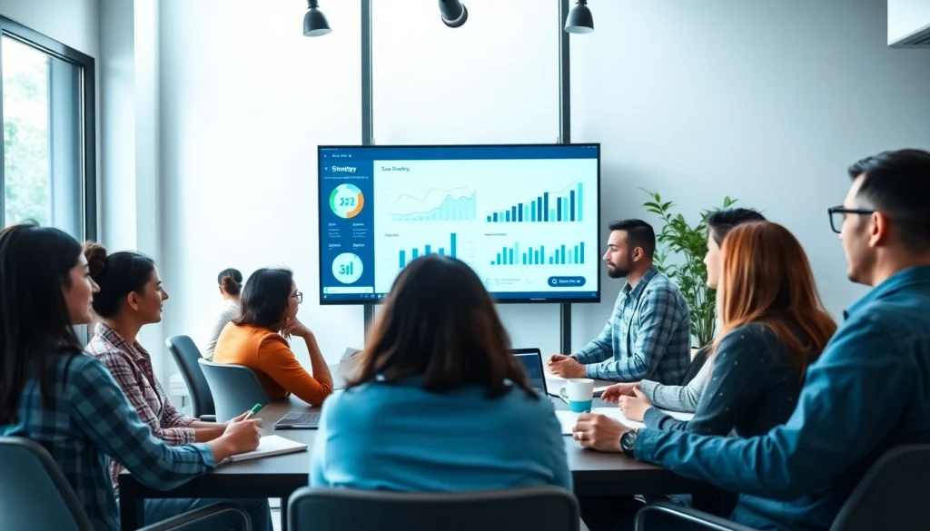 Showcase of smm services in action with professionals analyzing data in a modern workspace