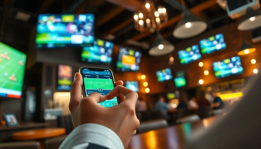 Bettor engaging with the best sports betting sites Brazil on a smartphone at a lively sports bar.