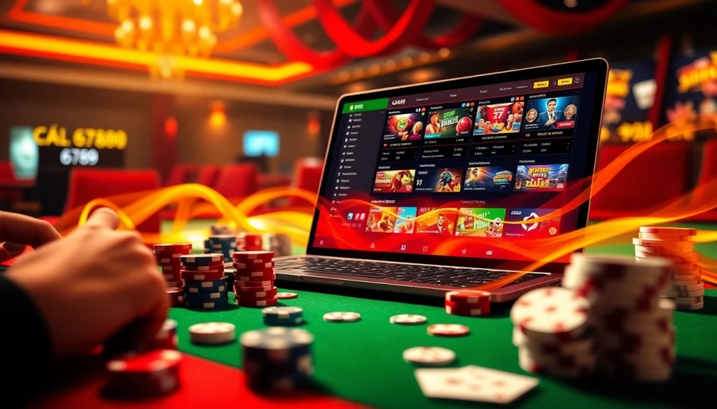 Join the excitement of gà 6789 with vibrant online betting visuals, showcasing casino elements like chips and cards.