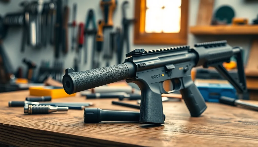 Showcase of a wot trigger for ar15 on a workbench highlighting its design features