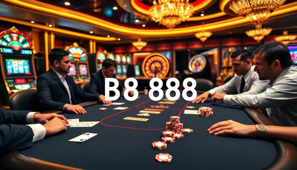 Players enjoying a thrilling poker game at BJ 888 casino, showcasing chips and vibrant cards.
