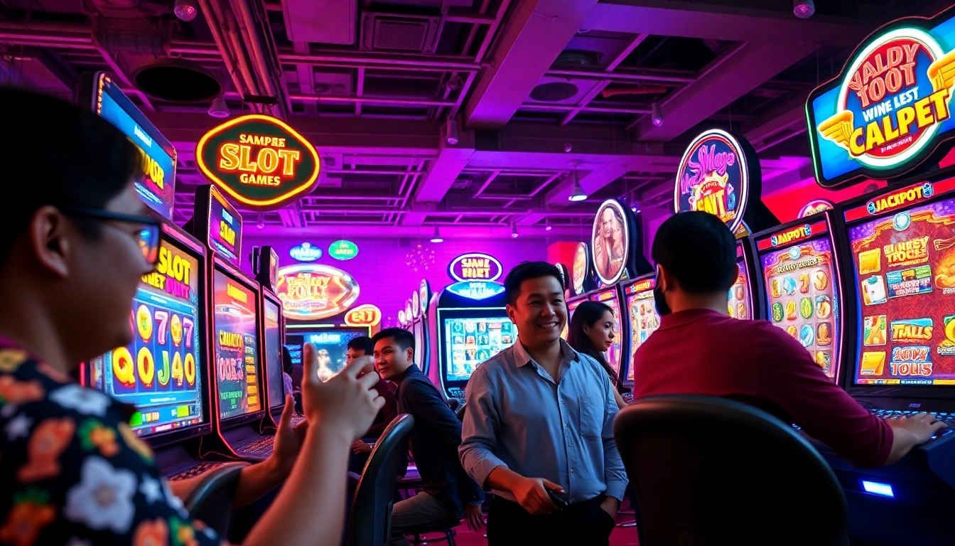 Thrilling online gaming scene at Situs kode4d with excited players engaging with colorful slot machines.