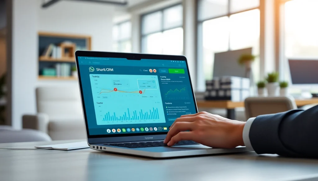 Engaging user experience with WhatsApp Smart CRM interface on a modern laptop in a bright office.