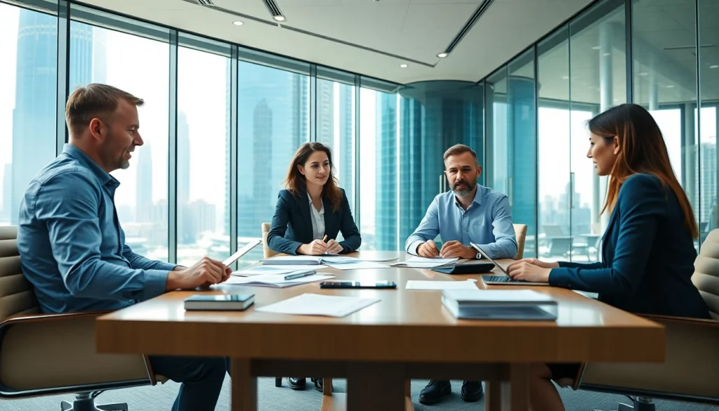 Engaged Business Consultants in Dubai collaborating on strategic plans in a modern office environment.