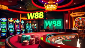 Experience thrilling games at W88 link with vibrant casino visuals of poker, slots, and roulette.