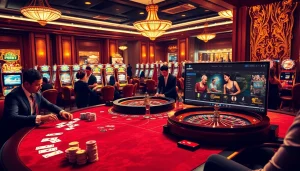 Sbobet players enjoying an interactive casino experience with poker chips and slot machines.
