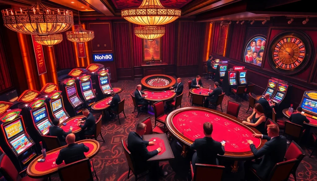 Nohu90 players enjoying vibrant casino games with slot machines and roulette wheels.