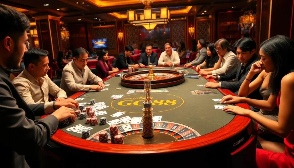 Exciting GO88 gaming scene with players at a vibrant casino table and roulette wheel.