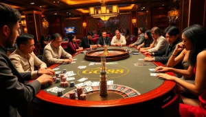 Exciting GO88 gaming scene with players at a vibrant casino table and roulette wheel.