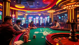 A vibrant casino scene featuring players at a poker table and slot machines, highlighting 79king com gaming excitement.