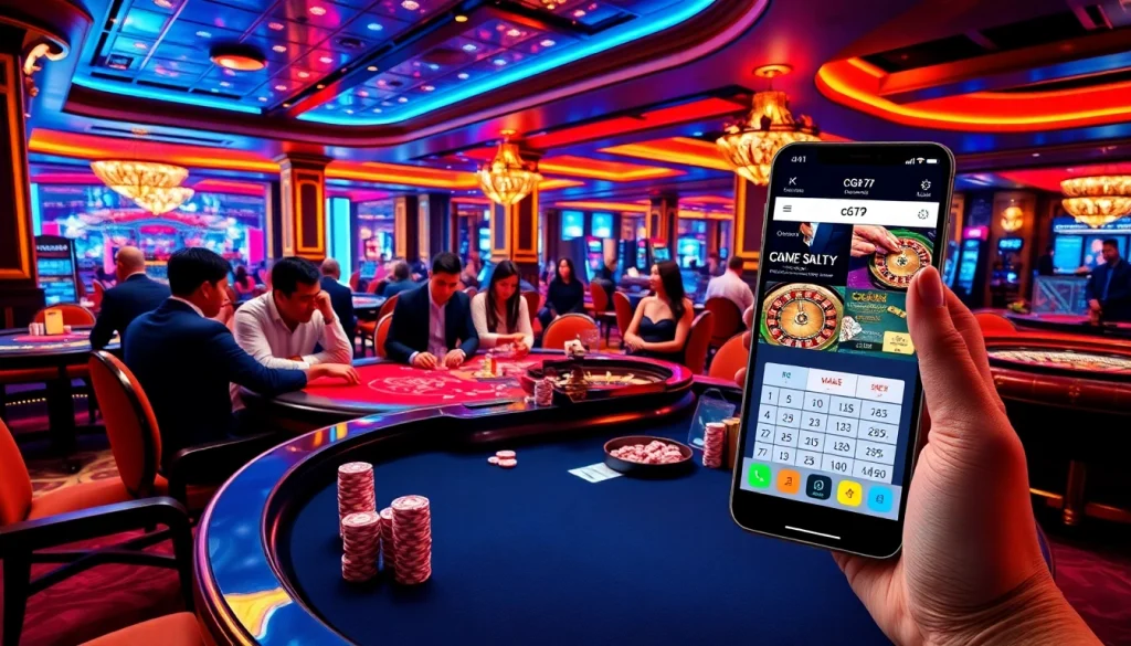 Người chơi đang tận hưởng ứng dụng CG 79 tại bàn casino sống động với các lá bài và chip.