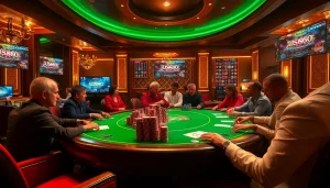 Exciting gaming action at u888 com poker table with vibrant decor and players.