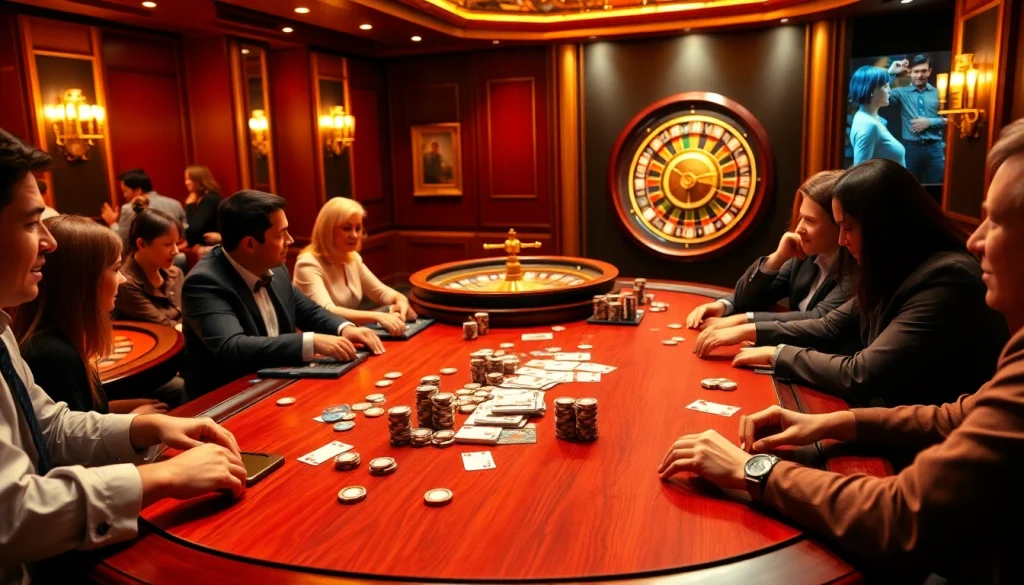 Trò chơi poker đầy phấn khích tại casino CG79 với người chơi, lá bài và bánh xe roulette.