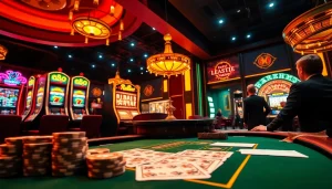 Experience the thrilling ambiance of MMOO casino with lively gaming tables and vibrant slot machines.