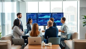 Engaged professionals discussing OTE sales jobs over $100k strategies in a bright office.