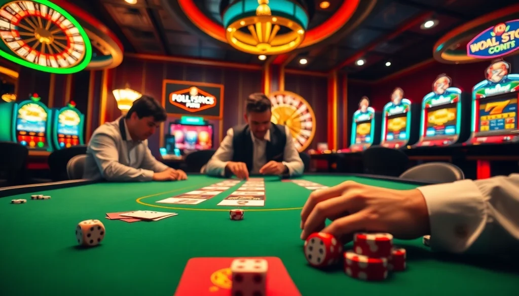 Players enjoy thrilling casino action at 79king's vibrant poker table with roulette and slots.