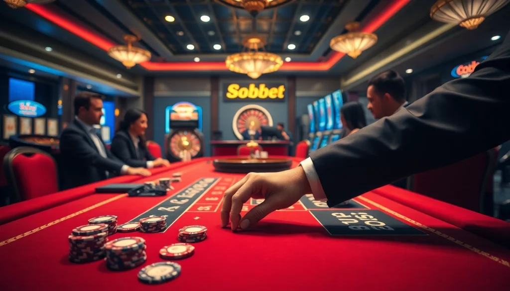 Experience thrilling moments at Sbobet with players engaged in high-stakes betting and elegant casino tables.