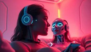 Engaging interaction with a friendly sex AI companion in a cozy, modern setting.