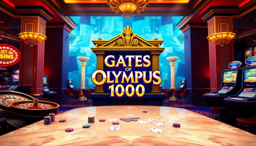 Para pemain berinteraksi dengan mesin slot Olympus 1000 di lingkungan kasino yang penuh warna.