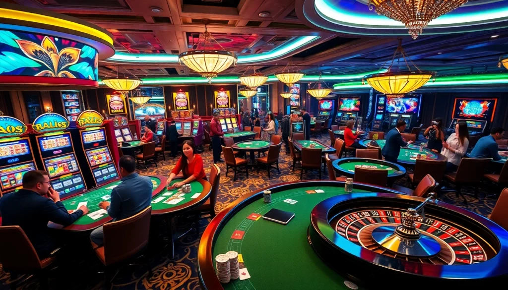 Experience the thrill of RR88 at a vibrant casino gaming floor, bustling with excitement and action.