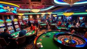 Experience the thrill of RR88 at a vibrant casino gaming floor, bustling with excitement and action.