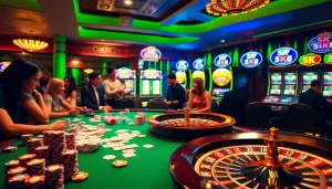 Gambling enthusiasts engaging in a luxurious casino atmosphere with depo 5k slot games.