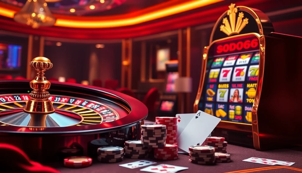 Experience the thrill of SODO66 with vibrant casino elements showcasing roulette and poker betting.