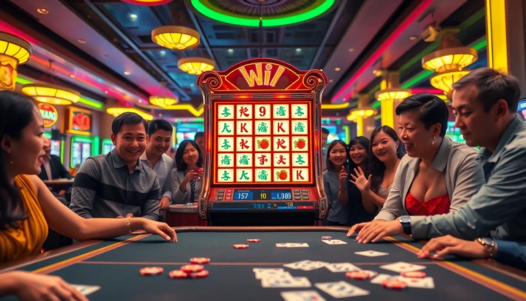 Experience the thrill of a mahjong slot demo with players cheering around the vibrant machine.