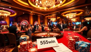 Exciting casino scene with the logo 555win featuring roulette table, poker chips, and vibrant ambiance.