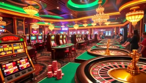 Engaging scene of players enjoying game bài vua99 on vibrant casino tables with colorful slot machines.