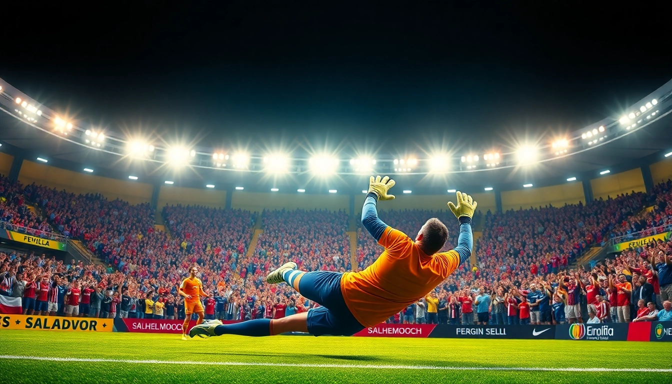 Experience the thrill of บ้านบอลผลบอล with a goalkeeper saving a penalty in a vibrant stadium.