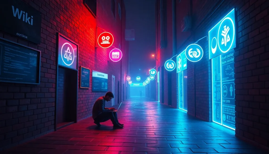 Explore the hidden wiki 2026 in a vibrant dark web scene with neon-lit .onion signs and a mysterious figure.