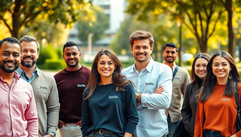 Stella marškinėliai su logotipu, dėvimi įvairovės žmonių grupės gyvoje lauko aplinkoje.