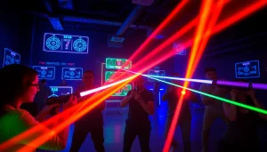 Group of players engaged in an exciting laser tag battle in a neon-lit arena.