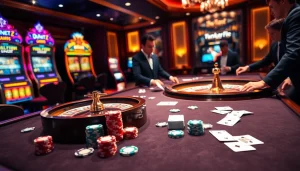 Engaging players at a high-end casino table showcasing https://go99pa.com with vibrant slot machines.
