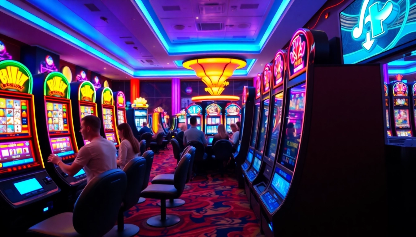 Menangkan pada slot depo 1000 di area kasino yang cerah dan ramai dengan mesin slot modern.